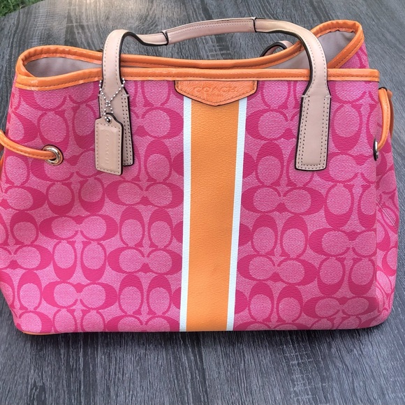 Coach Signature Stripe Pink & Orange Monogram Carryall Canvas & Leather - Picture 1 of 5